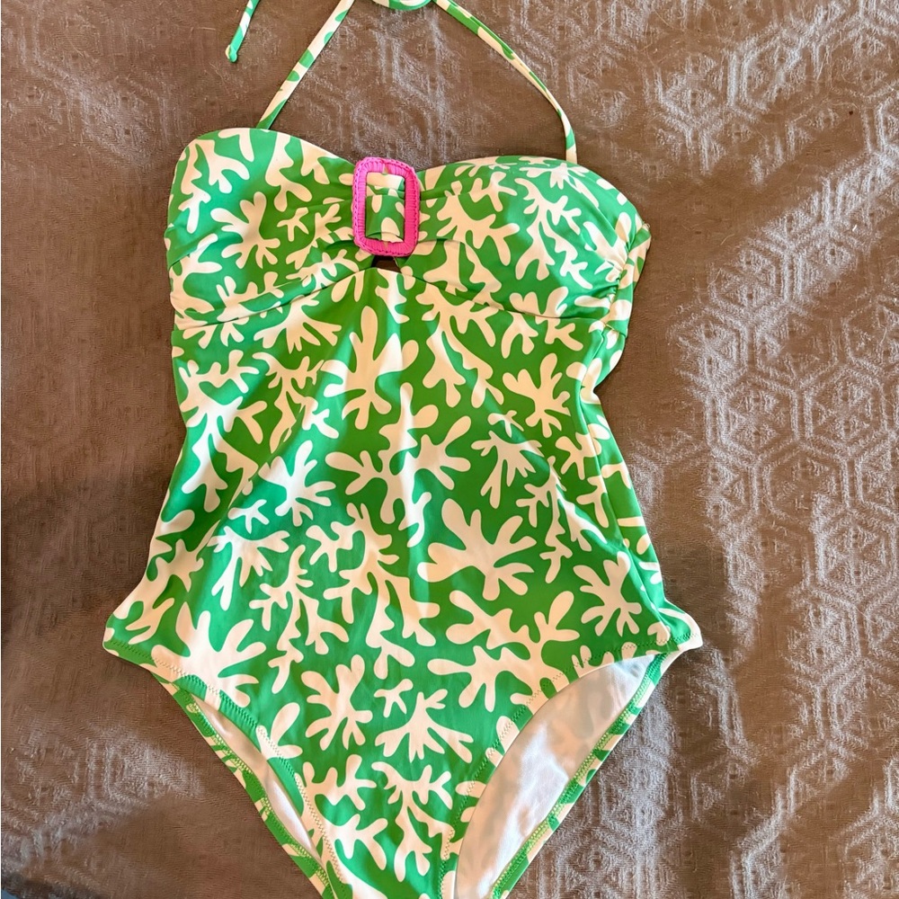 Boden Green and White Patterned One-Piece Swimsuit with Pink Buckle
